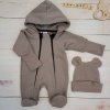 Oteplený dětský overal se šlapkama a kapucí + čepička, 2D, hnědá (Velikost 74 (6-9m))