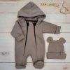 Oteplený dětský overal se šlapkama a kapucí + čepička, 2D, hnědá (Velikost 68 (3-6m))