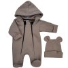 Oteplený dětský overal se šlapkama a kapucí + čepička, 2D, hnědá (Velikost 68 (3-6m))