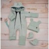 Oteplený dětský overal bez šlapek s kapucí, čepička + botičky, 3D, Kazum, mátový (Velikost 74 (6-9m))
