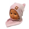 Baby Nellys Žebrovaná dvouvrstvá čepice s oušky + šátek TEDDY - pudrová (Velikost 68/74 (6-9m))