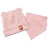 Baby Nellys Žebrovaná dvouvrstvá čepice s oušky + šátek TEDDY - pudrová (Velikost 68/74 (6-9m))