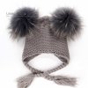 LAURASHOW New Autumn Winter Baby Beanie 16 CM Real Fur Pompoms Warm Sleep Wool Cap Kids grey pom