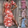 Women Floral Print Loose Maxi Long Dress Spring Summer V Neck Short Puff Sleeve Side Split