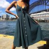 Sexy Bow Backless Polka Dots Print Beach Summer Dress Women 2019 Cotton Deep V Neck Buttons 0849Dark Blue
