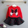 2019 latest spring and autumn piece fitted girls cartoon bow embroidered sweater hollow horn skirt suit Red