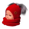 Zimní čepice s fleecem a chlupáčkové bambulky Star + komínek - červená (Velikost 68-86 (6-18m))