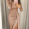 Women Off Shoulder Half Sleeve Slim Bodycon Ruffles Elegant Solid Color Evening Party Split Dress Formal.jpg 640x640 (1)