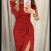 Women Off Shoulder Half Sleeve Slim Bodycon Ruffles Elegant Solid Color Evening Party Split Dress Formal.jpg 640x640 (6)