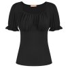 BP Women V Neck Shirts Slim Fit Puffed Short Sleeve Ruched Bodice Tops Vintage Cotton Tops.jpeg 640x640 (1)