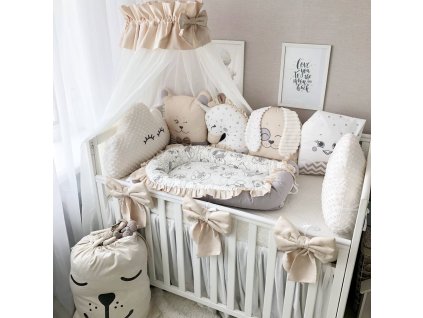 výbava do postýlky pro novorozence – hnízdečko, mantinely a zavinovačka