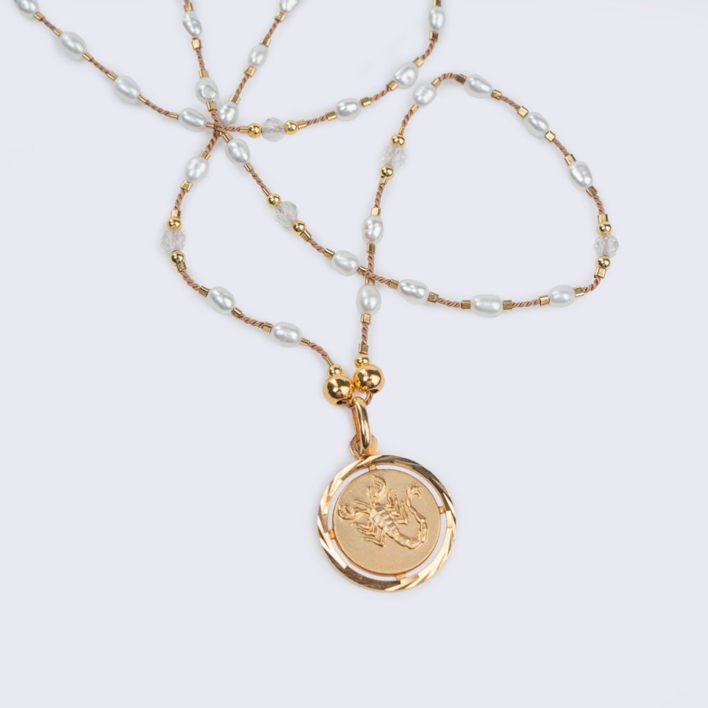 Necklace with Vintage Scorpio Pendant, Freshwater Pearls & Crystal
