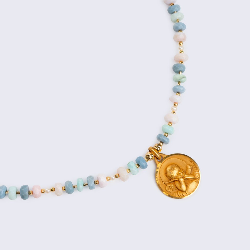 Necklace with Vintage Angel Pendant & Peruvian Opal