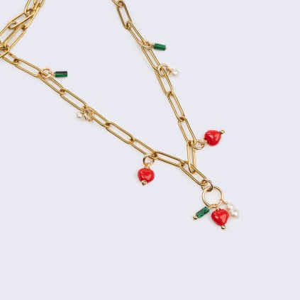 Náhrdelník řetízek s přívěsky – perly, malachit a vintage srdce