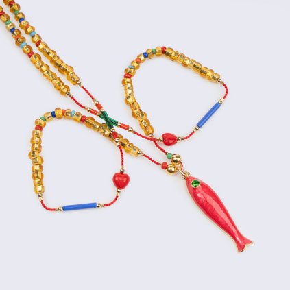 Colorful Necklace with Vintage Beads and Enamel Fish