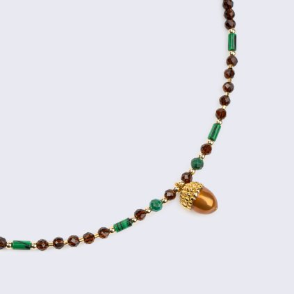 Necklace brown spinel & malachite with an acorn