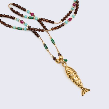 Necklace fish & brown spinel, turquoise, malachite & ruby.