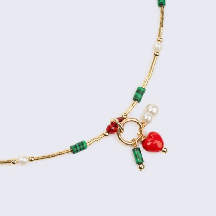 Náhrdelník s přívěsky perly , malachitu & srdíčka