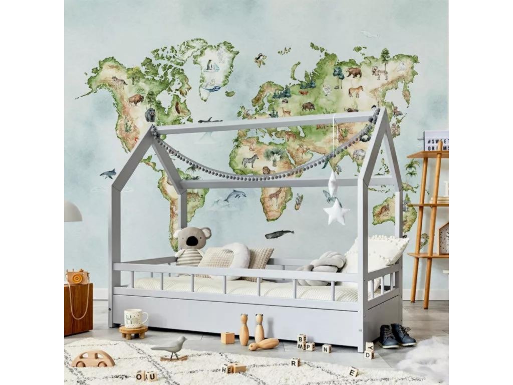 YokoDesign Tapeta do dětského pokoje Mapa světa se zvířátky Výška tapety: 250 cm