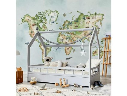 Tapeta do dětského pokoje Mapa světa se zvířátky