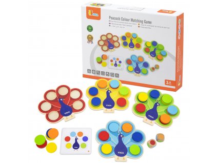 Dřevěná Montessori hra VIGA Barvy Paví ocas + karty