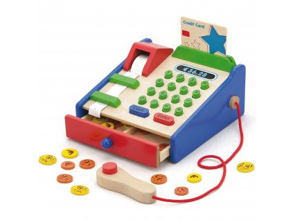 Dřevěná pokladna s příslušenstvím Montessori skener Viga Toys