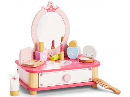Růžový dřevěný kosmetický stolek se zrcadlem a příslušenstvím Viga