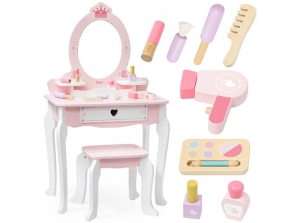 viga duza toaletka drewniana bialo rozowa z lustrem i krzeselkiem