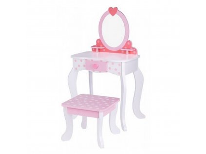 Růžový dřevěný toaletní stolek s židlí, zrcadlem a doplňky Tooky