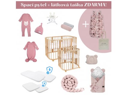 Luxusní novorozenecká sada s rostoucí postýlkou 7v1 + taška a spací pytel ZDARMA růžová