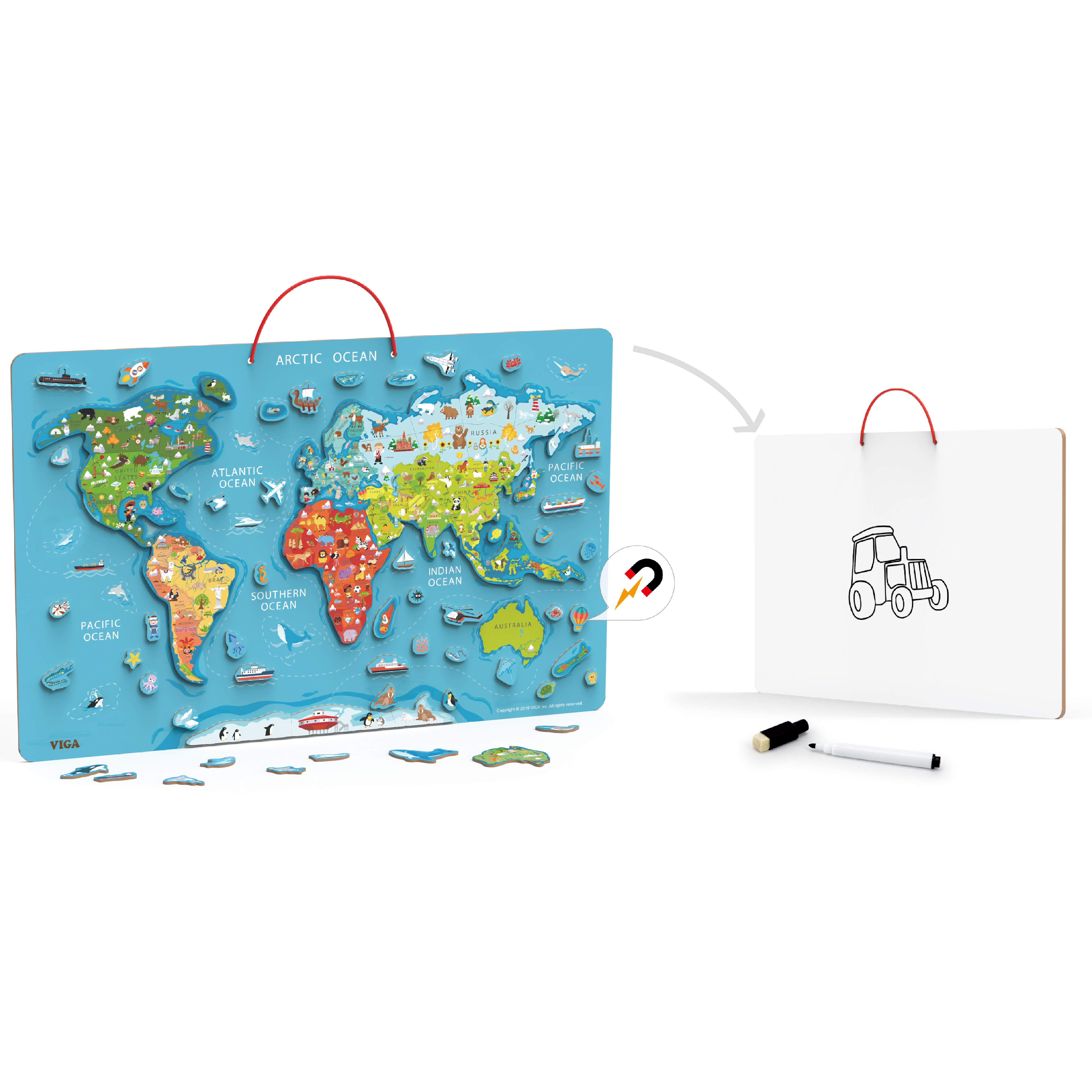 Viga Toys Vzdělávací Montessori tabule 2v1 s magnetickou mapou světa Viga