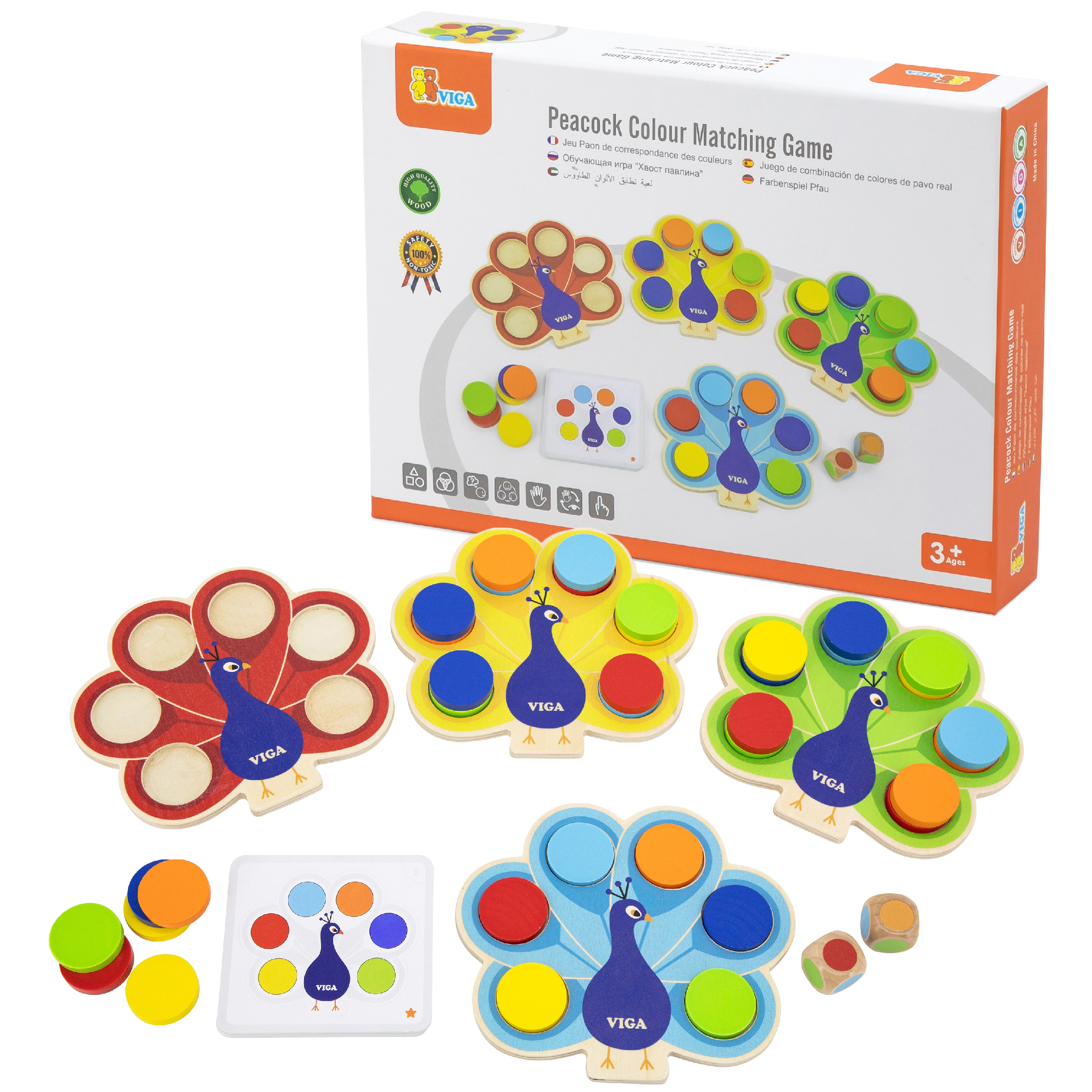 Viga Toys Dřevěná Montessori hra VIGA Barvy Paví ocas + karty