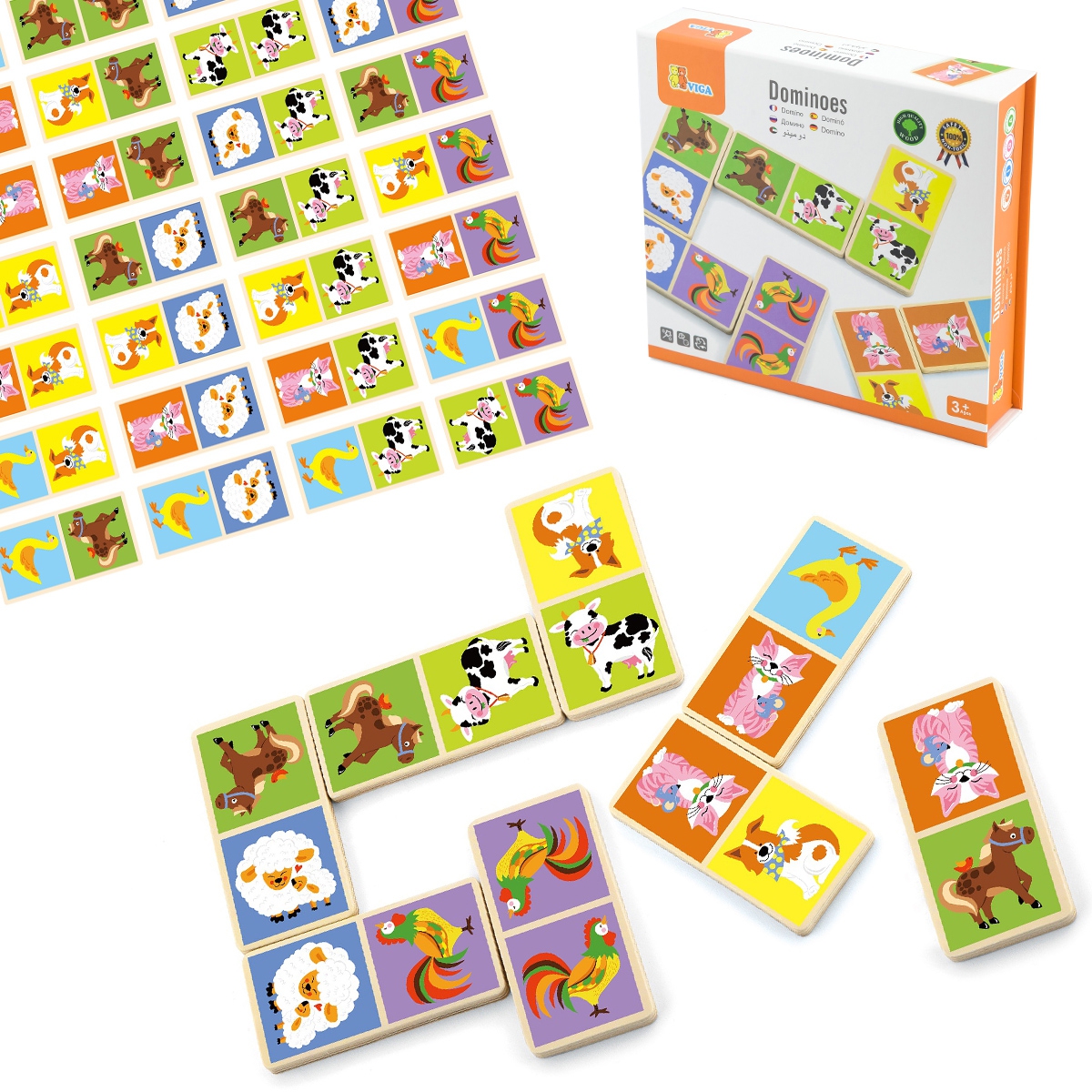 Viga Toys VIGA Vzdělávací dřevěné domino Farma 28 dílků Montessori