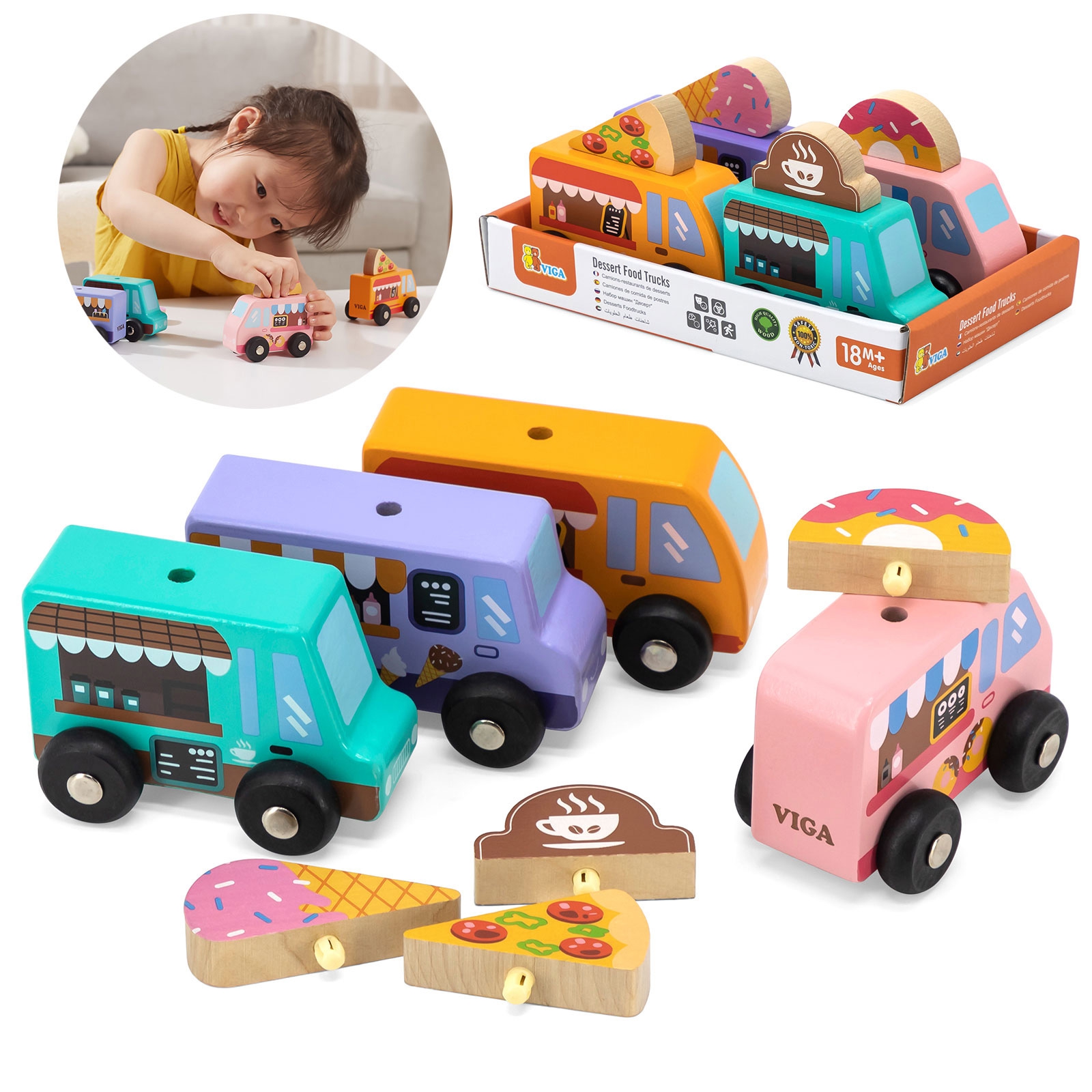 Viga Toys Dřevěná sada Vozidla s občerstvením 4 auta Viga