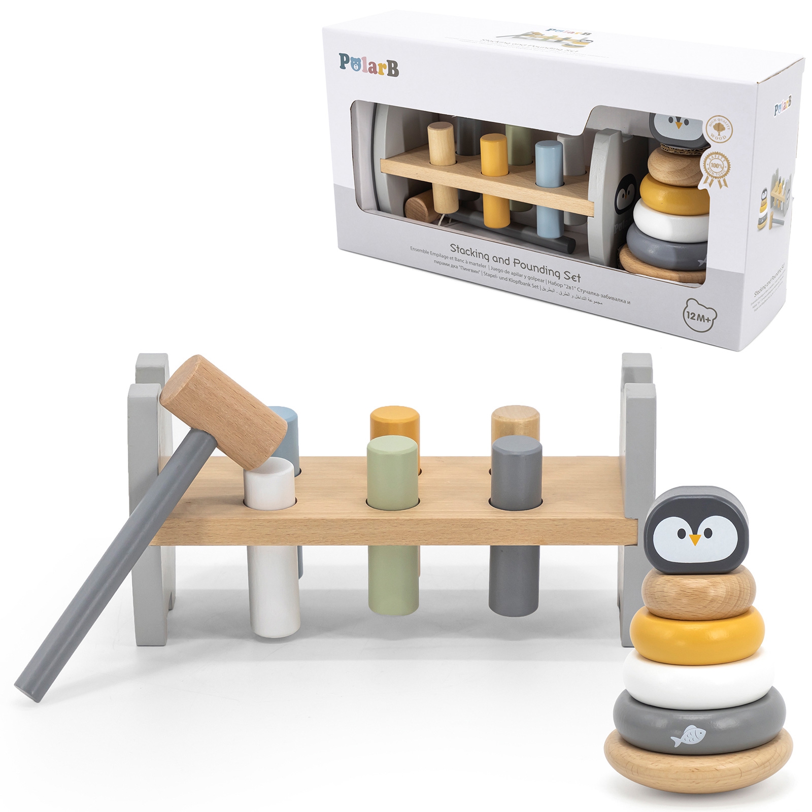 Viga Toys Montessori sada navlékací kroužky + zatloukací kladivo Tučňák Viga PolarB