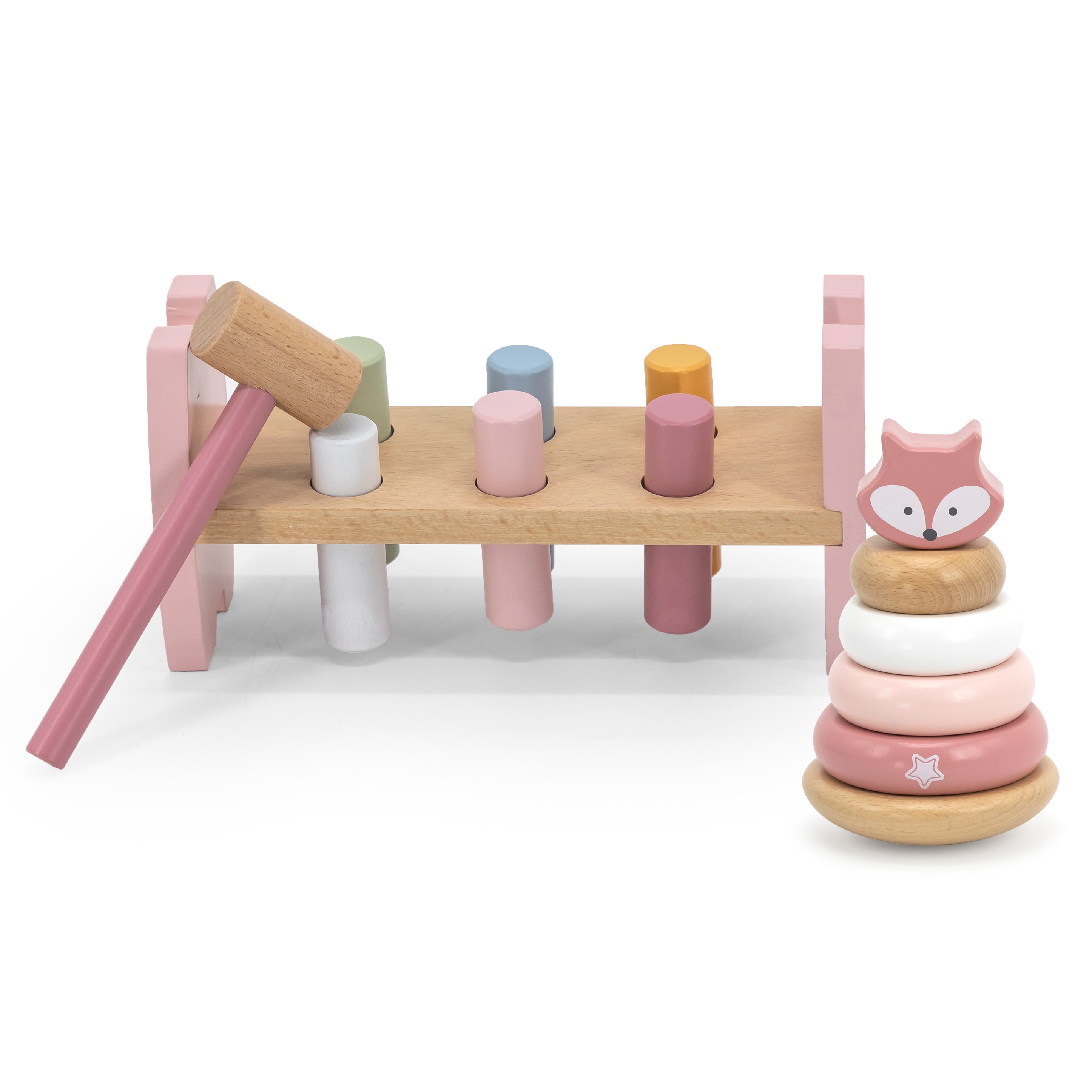 Viga Toys Montessori sada navlékací kroužky + zatloukací kladivo Liška Viga PolarB