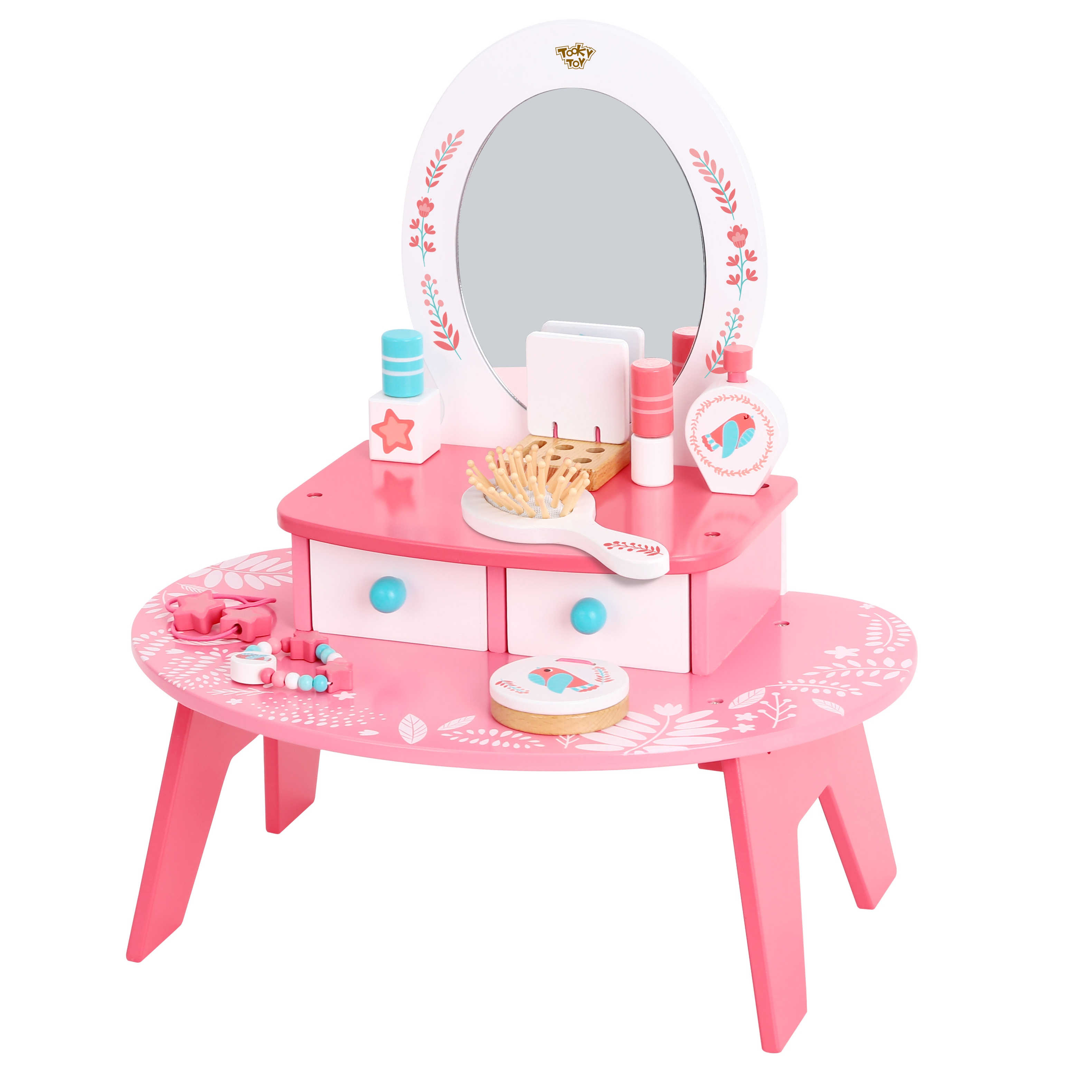 Tooky Toy Růžový dřevěný kosmetický toaletní stolek se zrcadlem Tooky