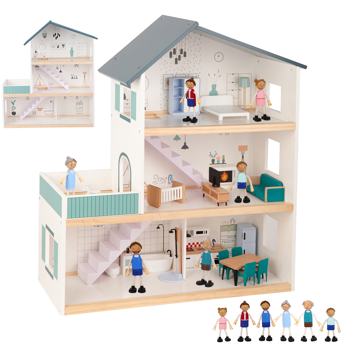 Tooky Toy Dřevěný domeček pro panenky s panenkami a příslušenstvím Tooky