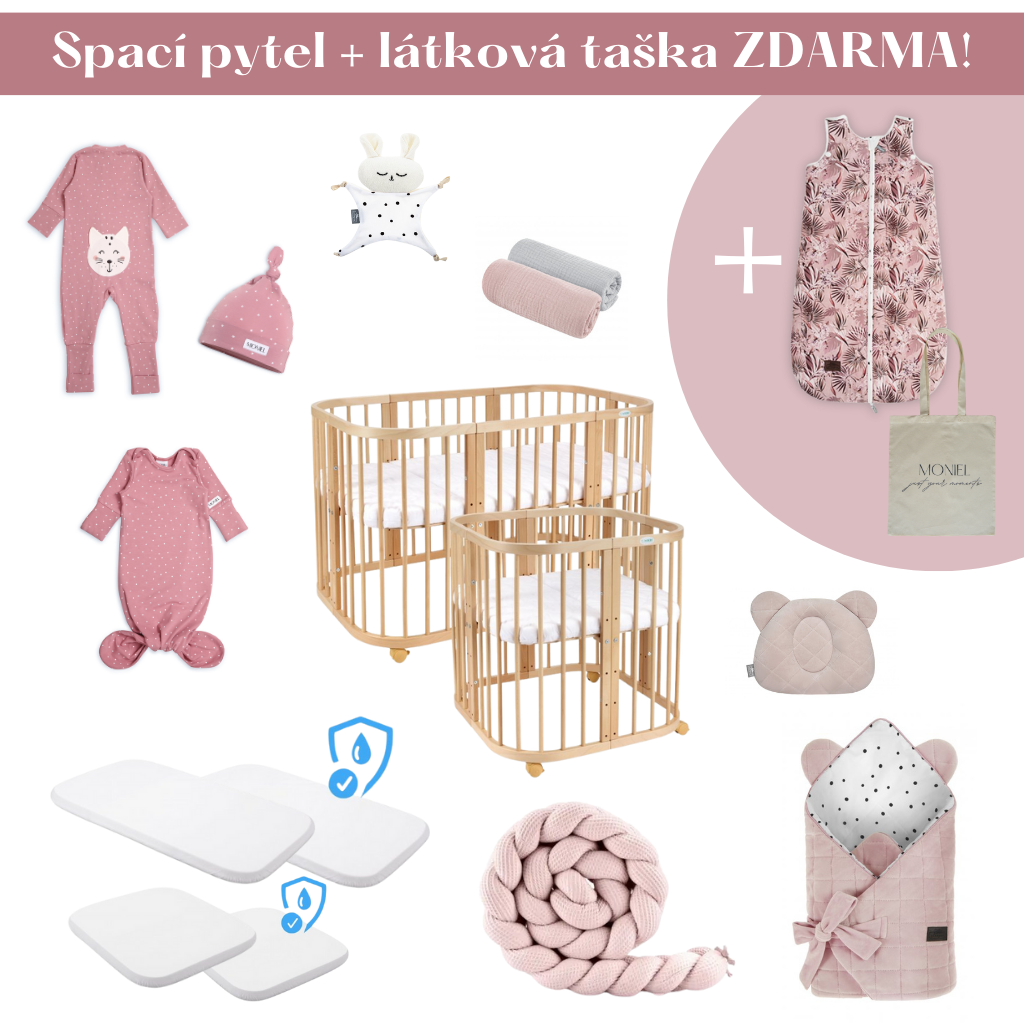 Sleepee Luxusní novorozenecká sada s rostoucí postýlkou 7v1 + spací pytel ZDARMA růžová