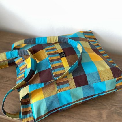 Látková taška s přední kapsou – hnědá, žlutá, modrá