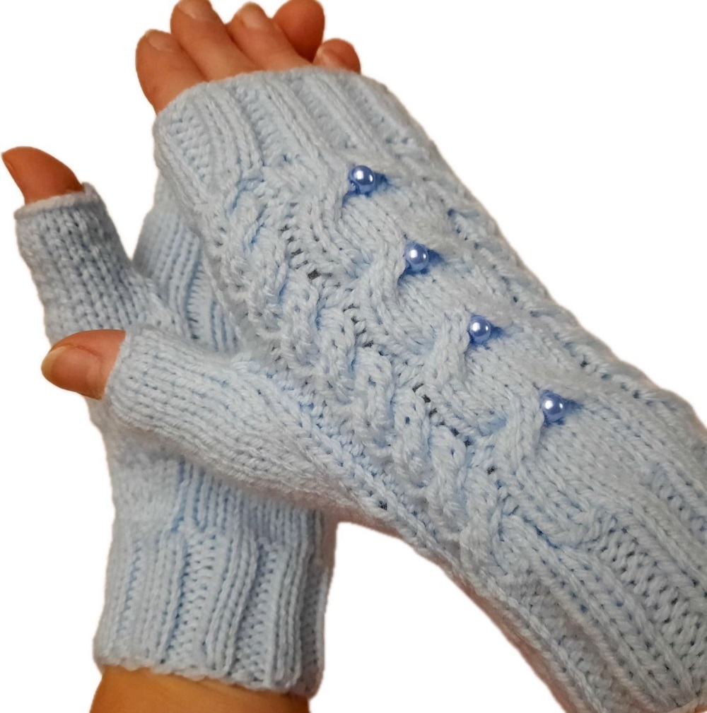 Dámské bezprstové rukavice modré s korálky, modré perličky
