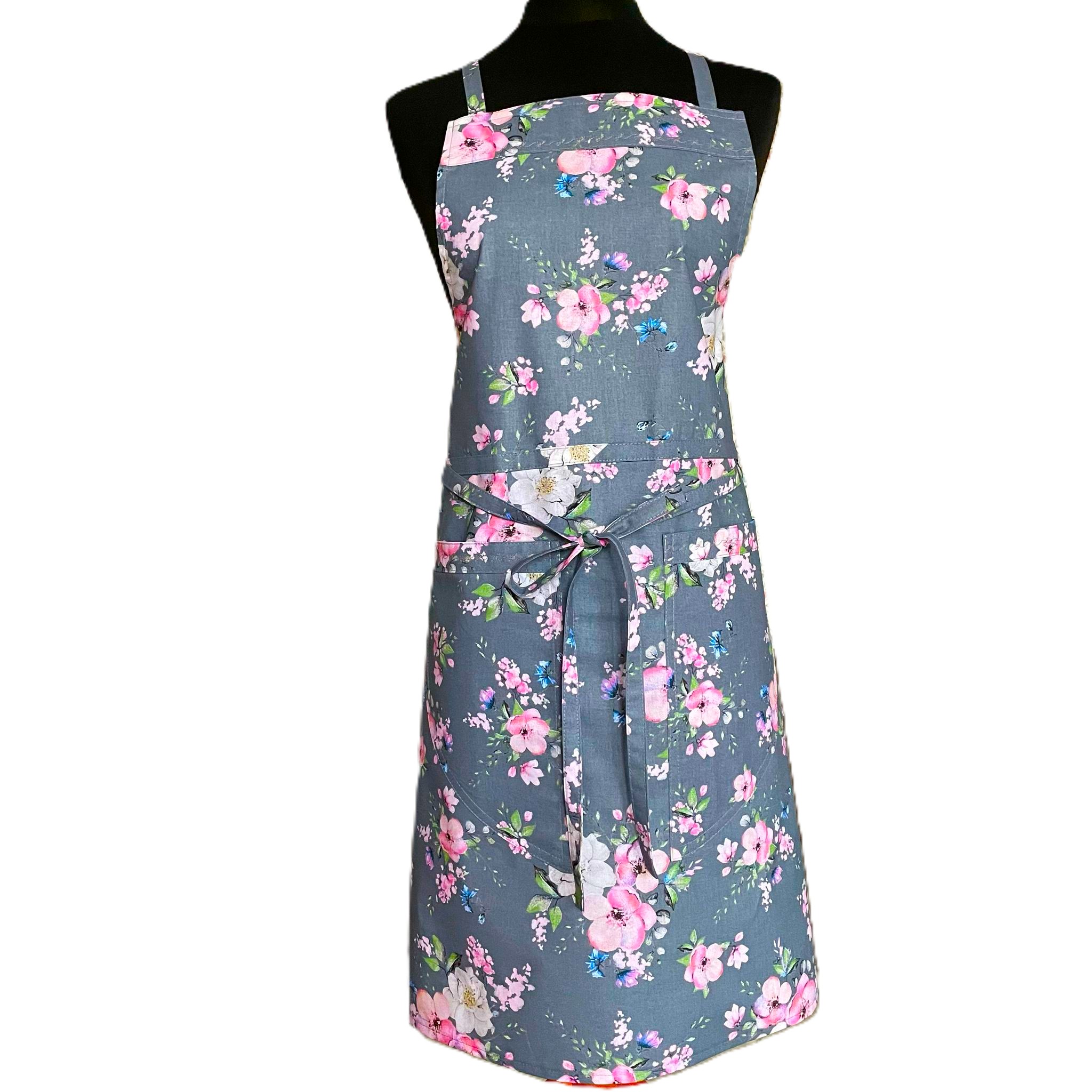 Kuhyňská zástěra- šedá, růrožové květy