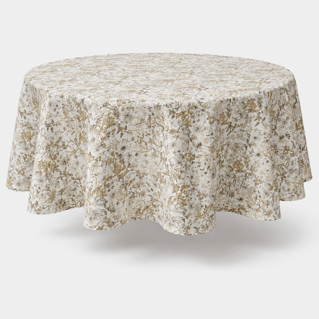 Kulatý bavlněný ubrus v přírodních barvách – průměr 135 cm jemný květinový vzor v hnědých odstínech