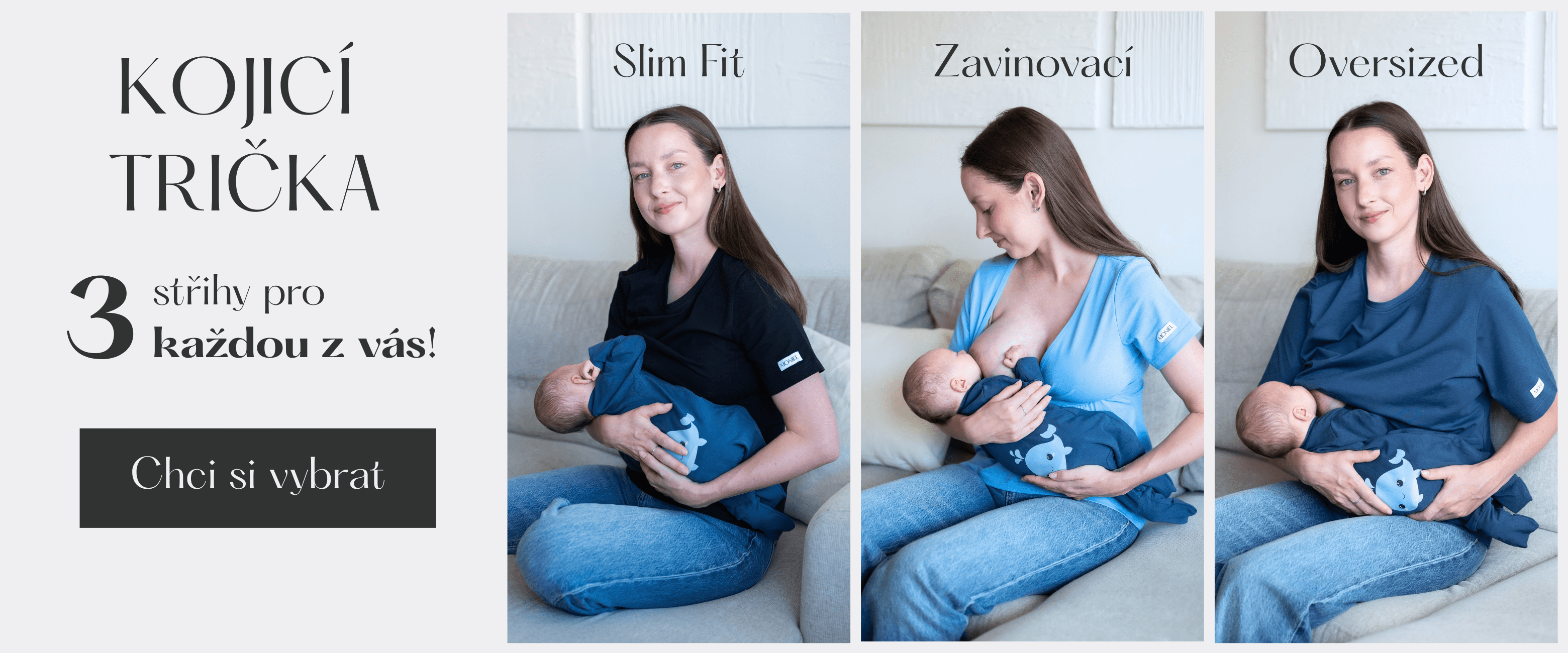 Nová kojicí trička Moniel pro snadné a pohodlné kojení.