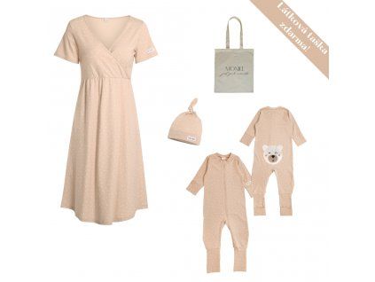Moniel Set für die Geburtsklinik Nachthemd + Strampler mit Mützchen für Babys Dots beige