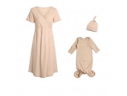 Moniel Set für die Geburtsklinik Hemdchen + Body mit Mützchen für Babys Dots beige