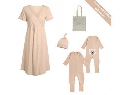 Moniel hospital set nightshirt size L + baby sleepsuit with hat Dots beige