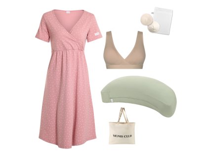 Sada pro pohodlné začátky kojení Dots růžová & Olive s podprsenkou Nuuma Nude