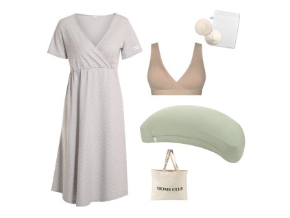 Sada pro pohodlné začátky kojení Dots šedá & Olive s podprsenkou Nuuma Nude