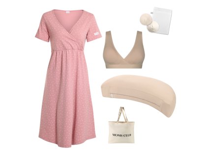 Sada pro pohodlné začátky kojení Dots růžová & Pastel béžová s podprsenkou Nuuma Nude